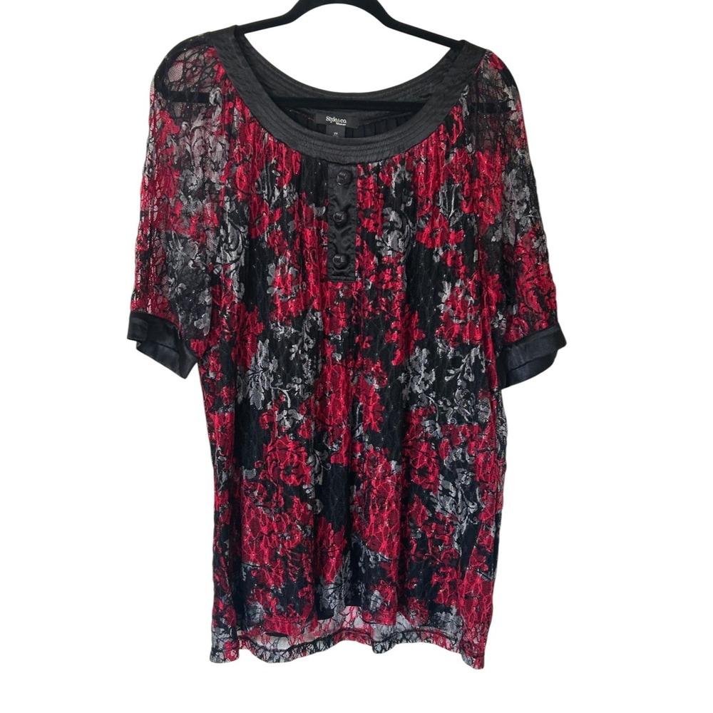 Style & Co Woman's 2X Top Blouse Red Black Floral Lined Lace Whimisgoth